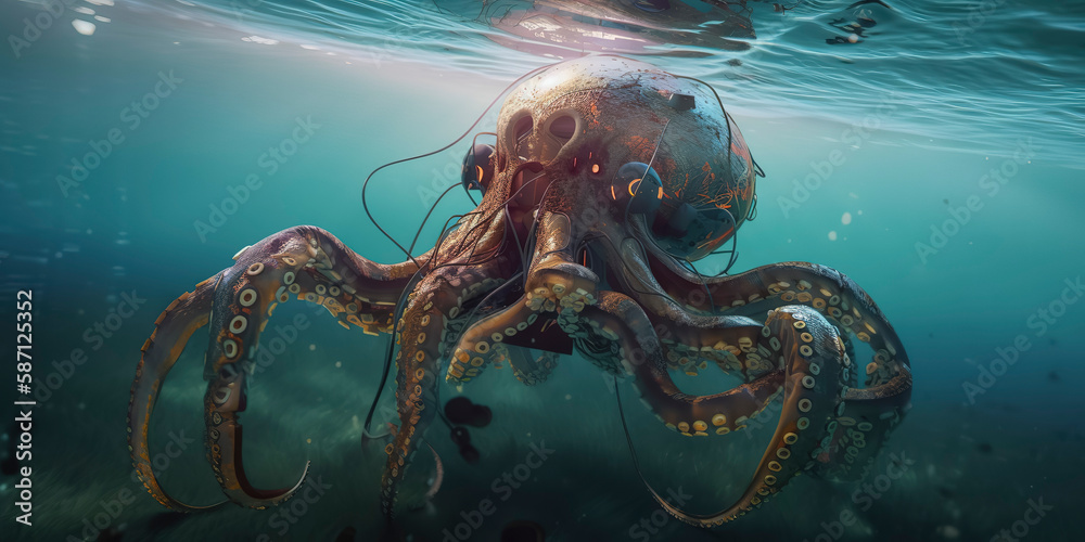 amazing photography of a cyborg octopus in the ocean, sea, futuristic, robot implants amazing photography of a cyborg octopus in the ocean, sea, futuristic, robot implants