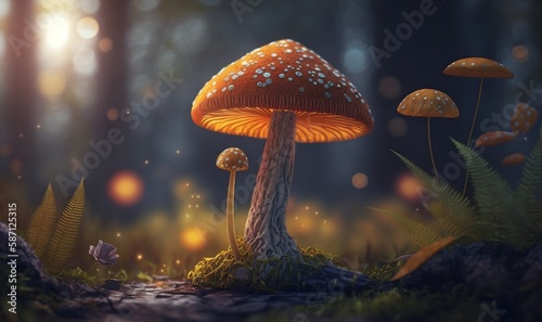 Magic mushroom in the forest glowing in the night  generative ai.
