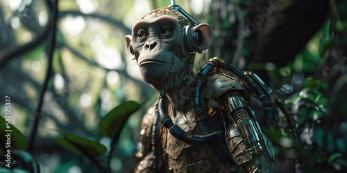 amazing photography of a cyborg monkey in the jungle, jungle, futuristic, robot implants