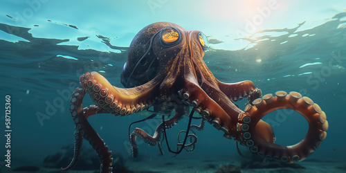 amazing photography of a cyborg octopus in the ocean, sea, futuristic, robot implants
