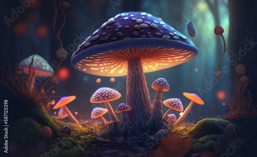 Magic mushroom in the forest glowing in the night, generative ai.