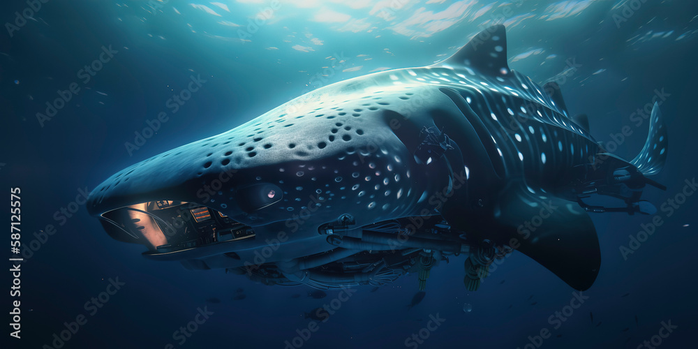 Naklejka premium amazing photography of a cyborg Whale in the ocean, sea, futuristic, robot implants