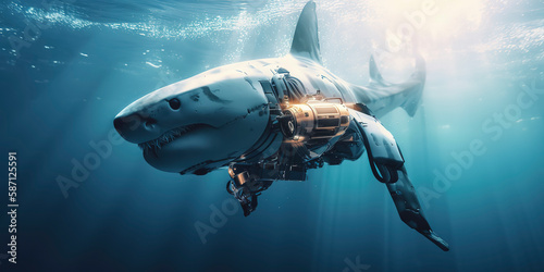 amazing photography of a cyborg white shark in the ocean, sea, futuristic, robot implants