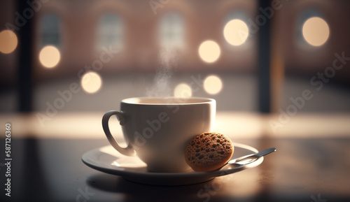 coffee cup with biscuit on saucer on table in front of window. Generative Ai 