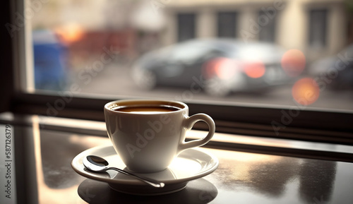 a cup of coffee sits on a table in front of a window. Generative Ai