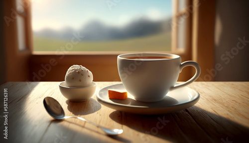 a cup of coffee and a spoon on the table, soft light from the window, cake, caramel. Generative Ai