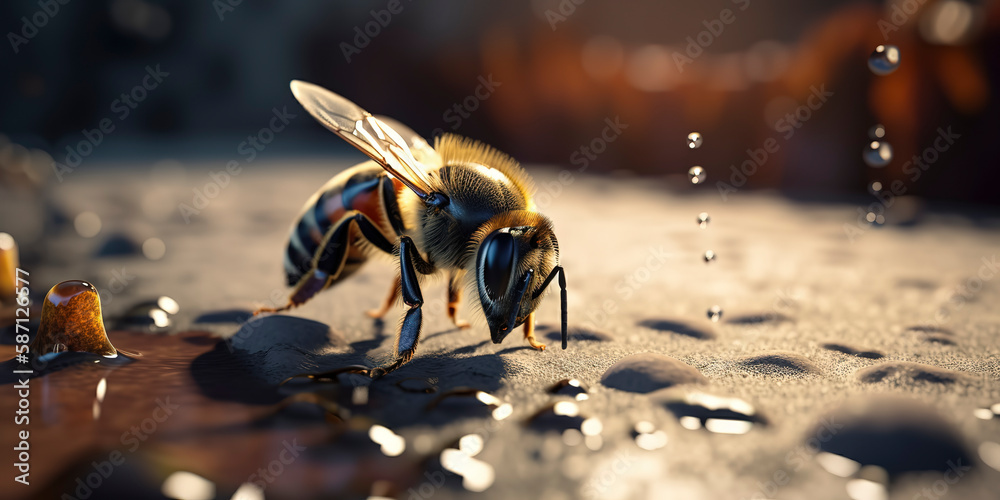 Fototapeta premium amazing close up of a bee flying over honey