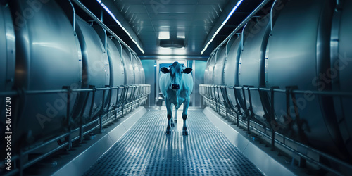 close up of a cow inside a modern milking system.