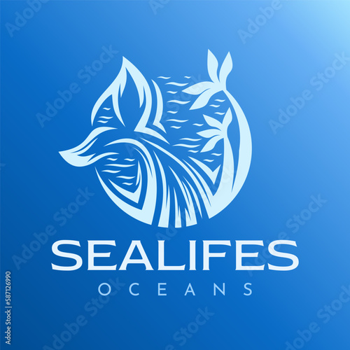 Illustrative whale fin with palm tree logo design