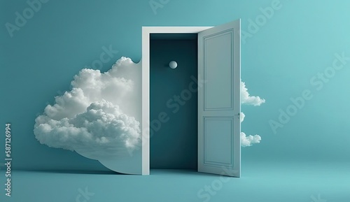 Abstract Blue Sky: Minimalist 3D Render with White Clouds and Door.Generative Ai.