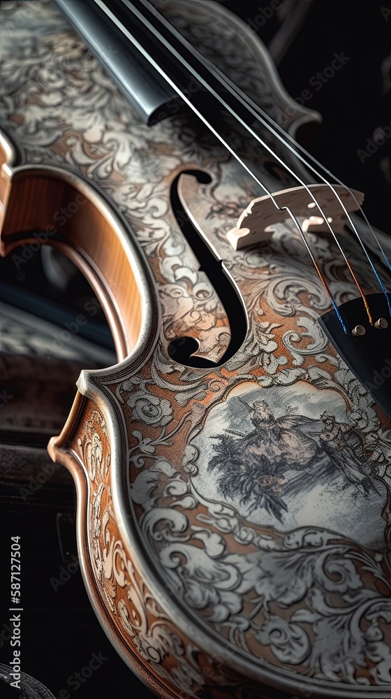 Obraz premium Close up of a Violin with Floral Design Created with Generative Ai Technology