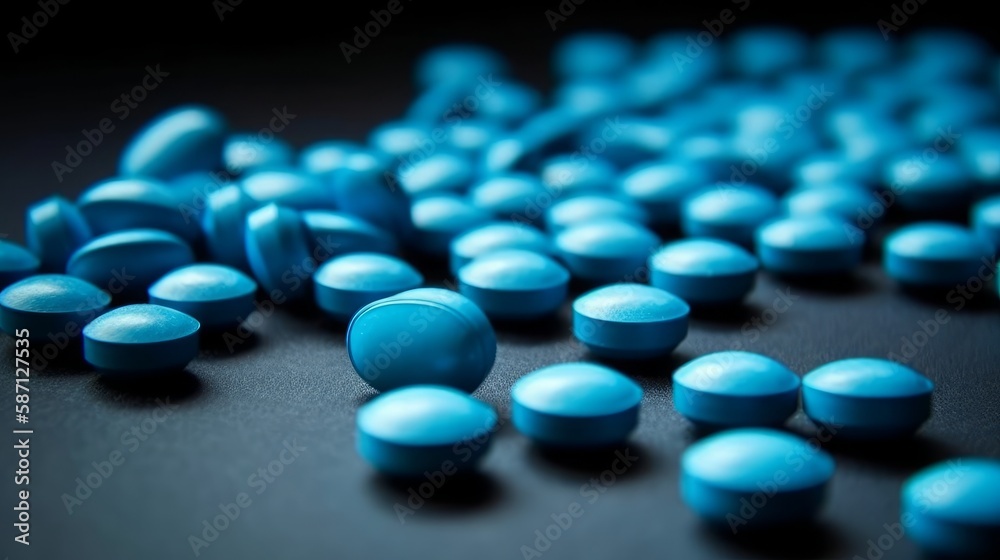 A group of blue pills on a table, plain with no label. Generative AI. A group of blue pills on a table, plain with no label. Generative AI.