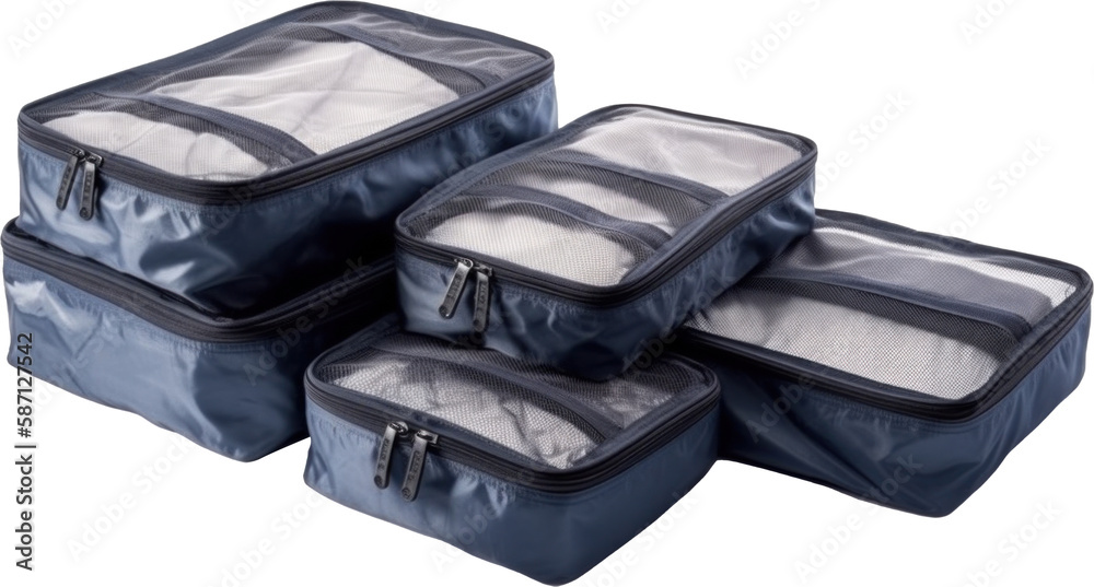 Portable travel storage bag, Blue polyester multifunction clothing packing bag for travel isolated. Portable travel storage bag, Blue polyester multifunction clothing packing bag for travel isolated.