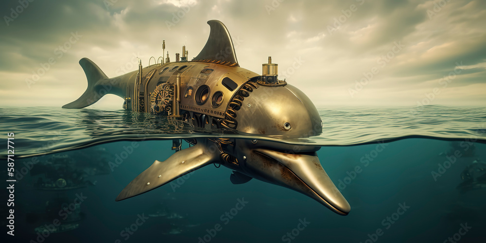 Naklejka premium photography of a Steampunk dolphin in the ocean, sea, futuristic, cyberpunk implants.