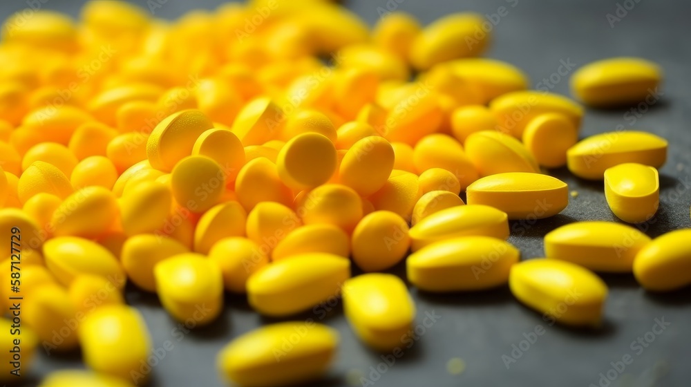 A group of  yellow pills on a table, plain with no label. Generative AI.