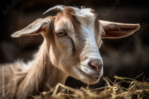 a close up of a goat's head nibbling on straw. Generative AI © AkuAku