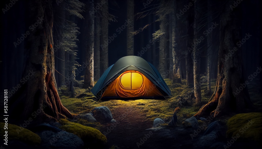 Tent in the woods under a beautiful starry night