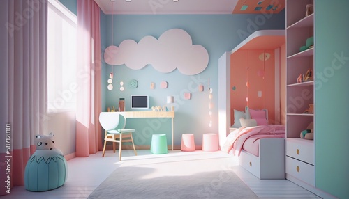 Beautiful child room interior with cute furniture and toys
