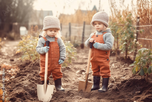 Small kids gardening in the spring garden. Generative AI