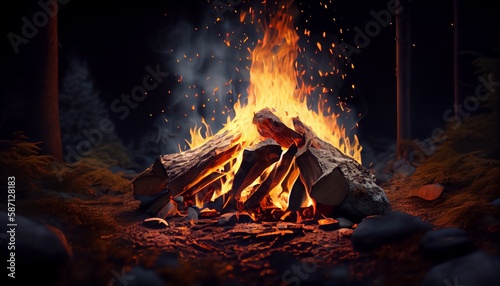 Bonfire. Large orange flame on a black background. Fire on black. Brightly  heat  light  camping