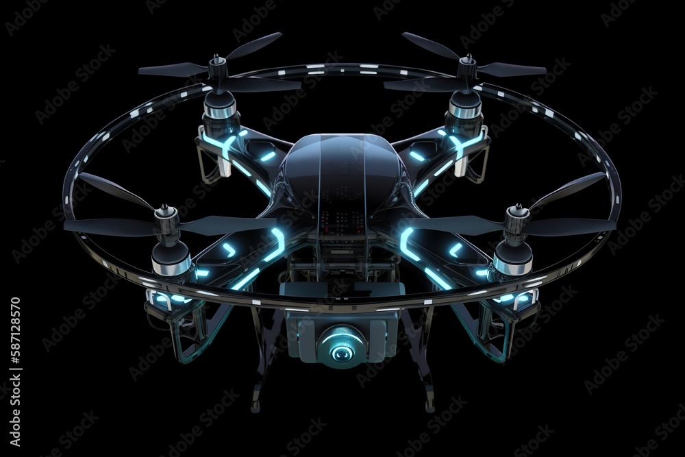 Obraz premium Realistic quadrocopter drone with propeller fans, front view, smmetrical, glowing backlit details on black background, AI generative