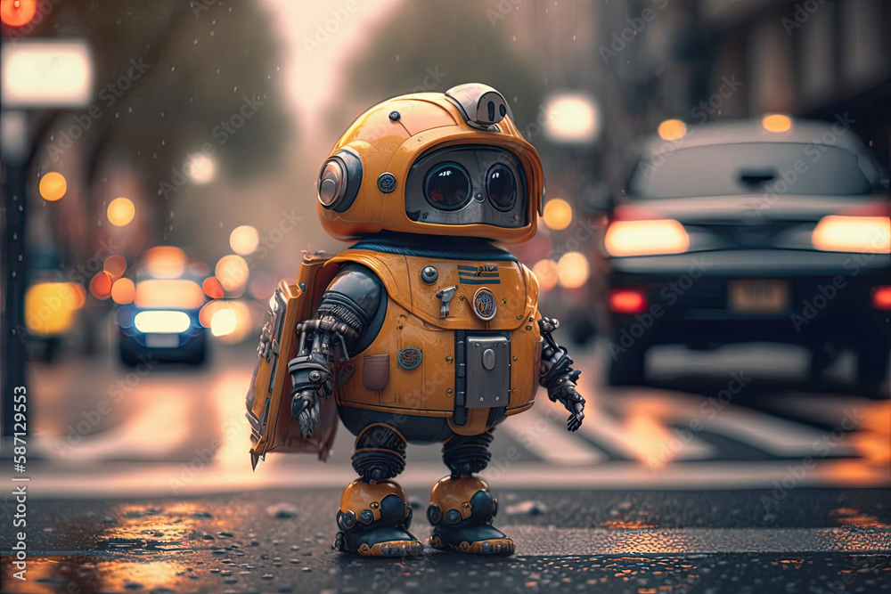A traffic cop, crossing guard robot, to direct traffic and help maintain order on the streets. Concept of an advanced robot, machine, cyborg, droid, android, artificial intelligence, AI computer. A traffic cop, crossing guard robot, to direct traffic and help maintain order on the streets. Concept of an advanced robot, machine, cyborg, droid, android, artificial intelligence, AI computer.