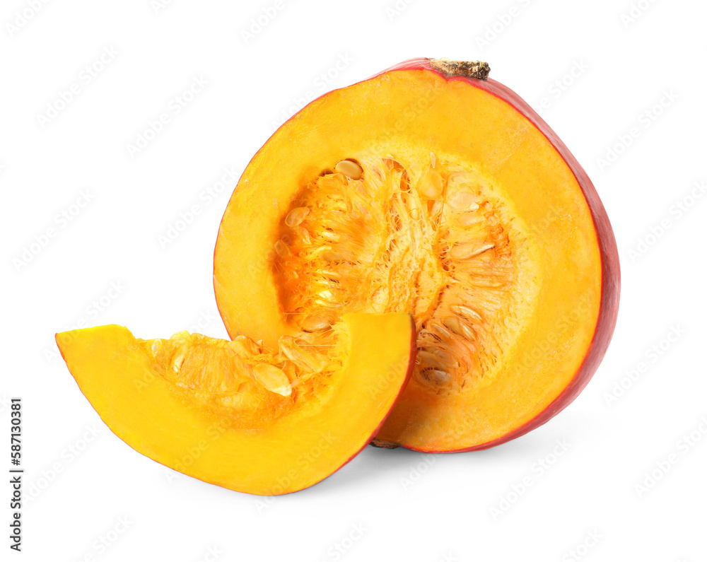 Slices of ripe pumpkin on white background