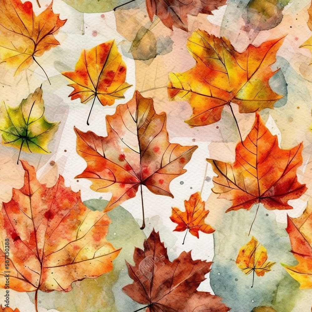 Fototapeta premium Seamless floral background with Autumn maple leaves, in readh and warm red, orange and yellow colors, AI generative illustration watercolor style