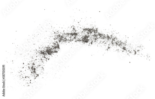 Pile of black dust scattered on white background, top view