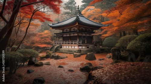 A peaceful scene of autumn maple leaves in front of a traditional Japanese temple. The red, orange and yellow foliage is illuminated by the warm sunlight. AI Generative.
