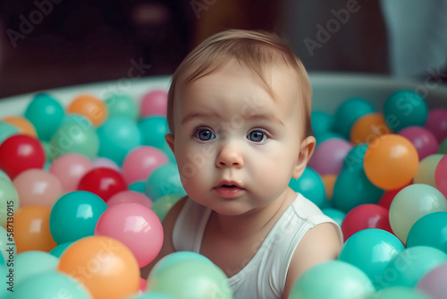 Cute sweet little baby in a dry swimming-pool with colorful plastic balls. Generative AI