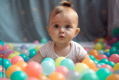 Cute baby in a dry swimming-pool with colorful plastic balls. Generative AI