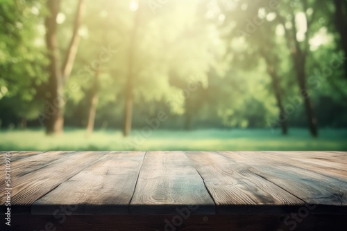 serene wooden table set in the midst of a lush forest. Generative AI