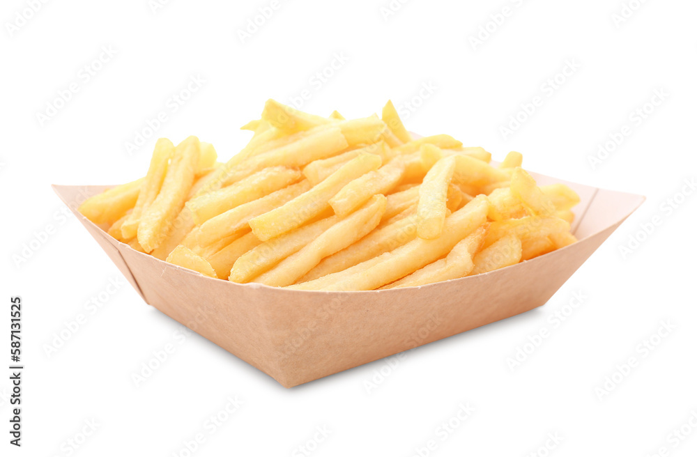 Paper box with tasty french fries on white background Paper box with tasty french fries on white background