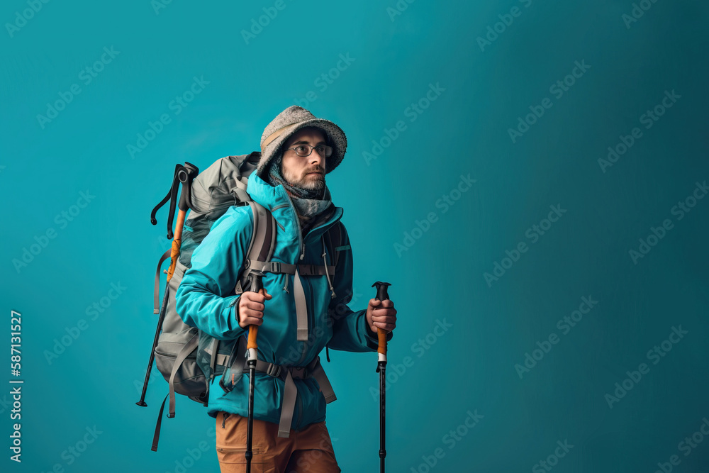 Adventuring with passion. Trekker with backpack and walking poles on blue background with space for text. Copy space. Travel concept AI Generative Adventuring with passion. Trekker with backpack and walking poles on blue background with space for text. Copy space. Travel concept AI Generative