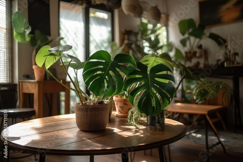 Tropical 'Rhaphidophora Tetrasperma' houseplant in flower pot on table in bohemian living room. Generative AI