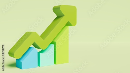 Rising arrow and bars iconography on a green stage, sustainability theme, performance, profitability among others, 3d rendering