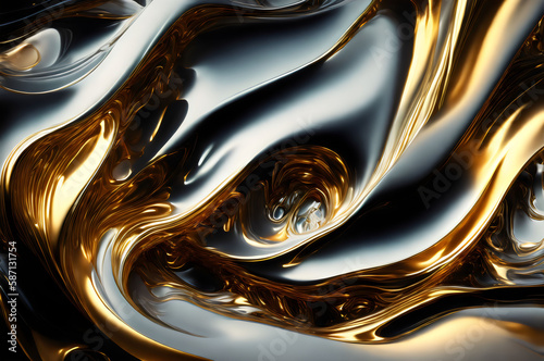 gold and silver liquid flowing over a black background - Generative AI