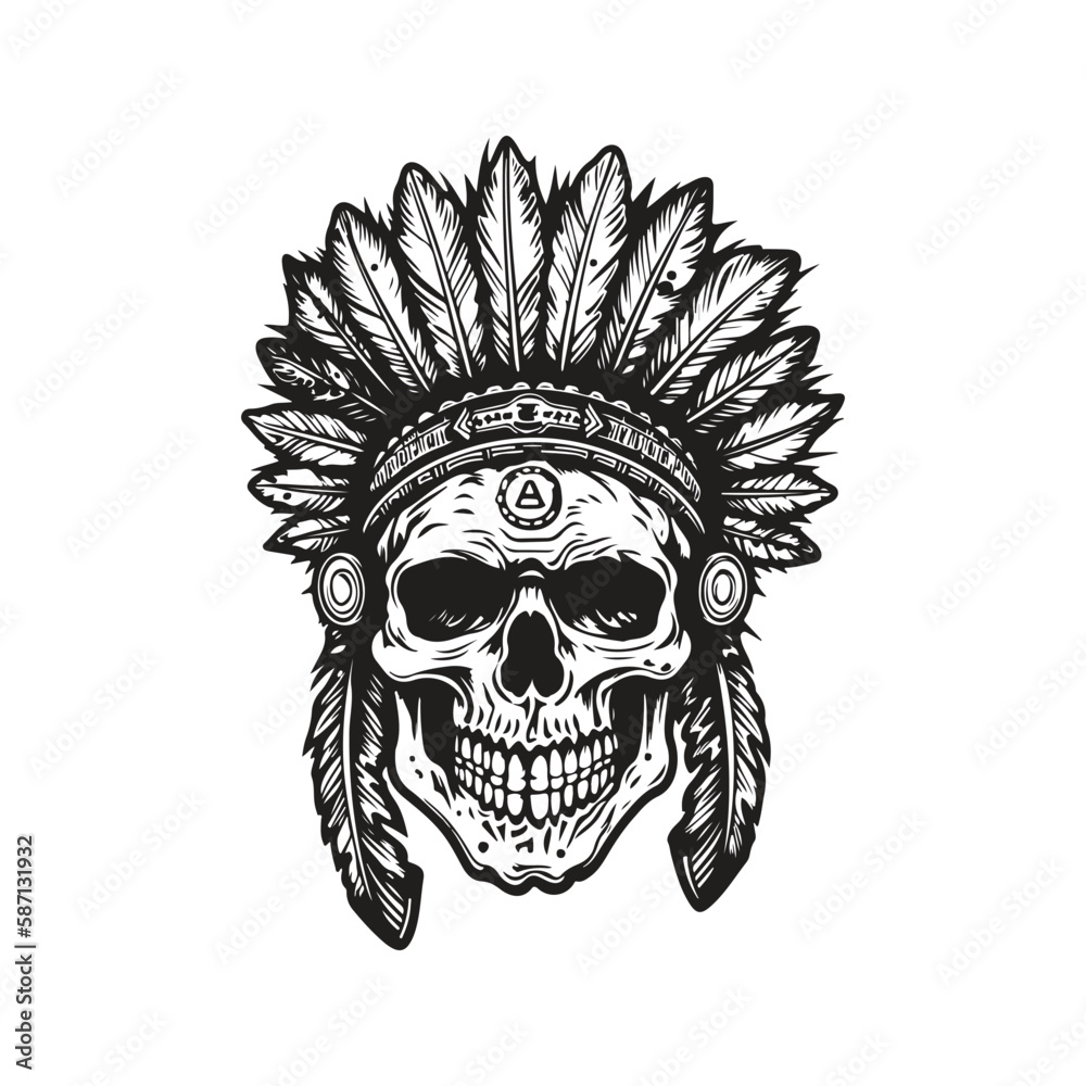indian skull, logo concept black and white color, hand drawn illustration