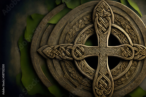 celtic cross on a green background - Generative AI