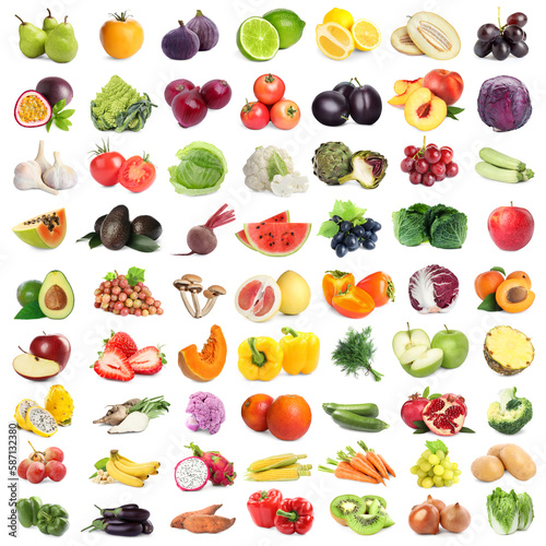 Many fresh fruits and vegetables on white background  collage design