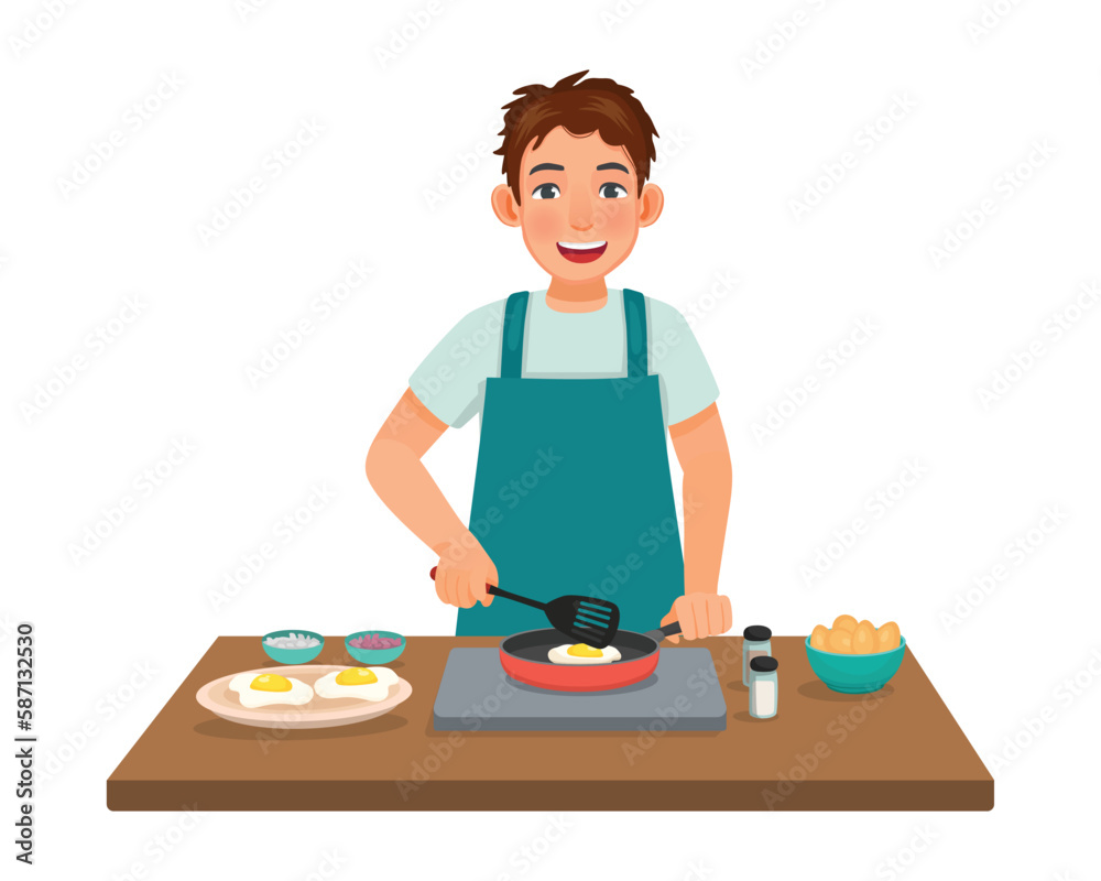 Young man cooking fried egg with frying pan in the kitchen Young man cooking fried egg with frying pan in the kitchen