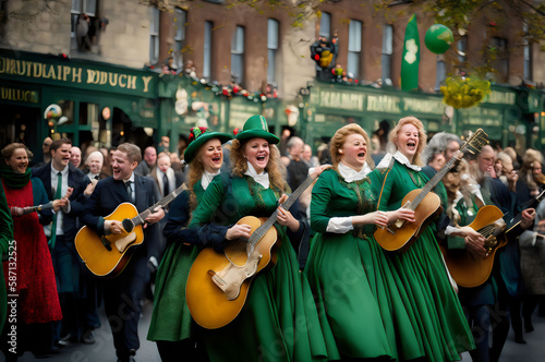Wallpaper Mural a group of women in green dresses playing guitar - Generative AI Torontodigital.ca