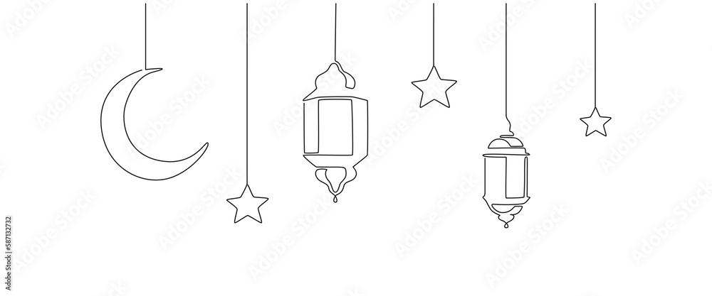 Ramadan kareem in one continuous line drawing. Islamic decoration with lantern, star and moon in simple linear style. Arabic religious holiday celebration. Editable stroke. Doodle vector illustration Ramadan kareem in one continuous line drawing. Islamic decoration with lantern, star and moon in simple linear style. Arabic religious holiday celebration. Editable stroke. Doodle vector illustration