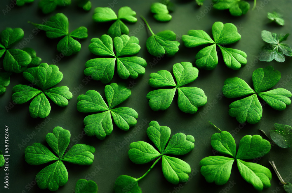 a group of green clover leaves are arranged on a dark surface - Generative AI a group of green clover leaves are arranged on a dark surface - Generative AI