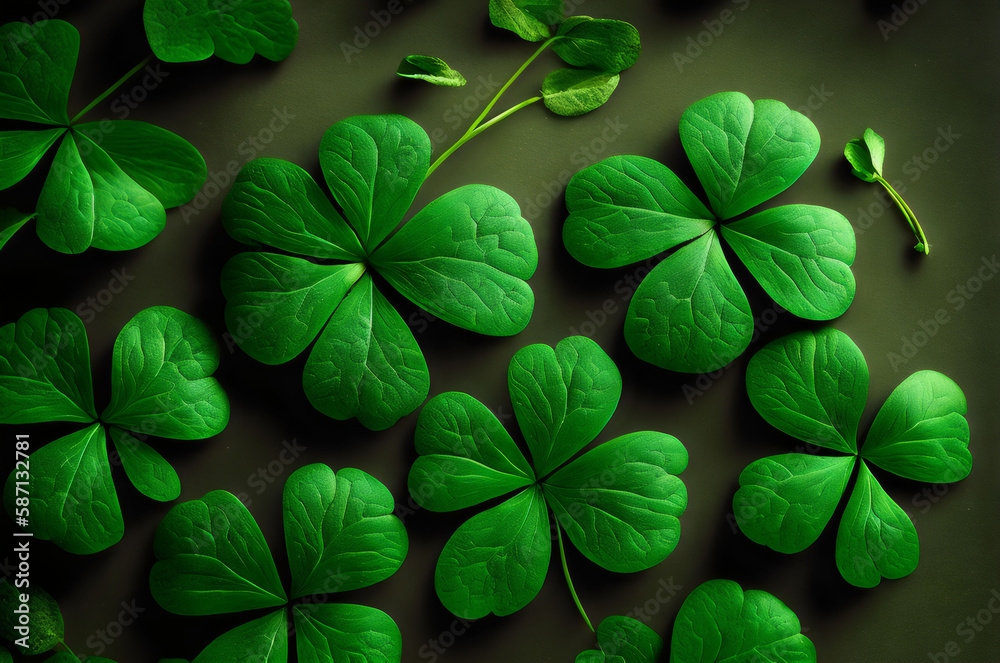a group of four leaf clover leaves on a dark background - Generative AI