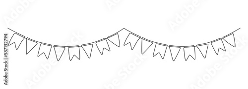 Garland bunting with flags in one continuous line drawing. Birthday and jubilee party decoration in simple linear style. Festoon for celebrate baby shower. Editable stroke. Doodle outline vector