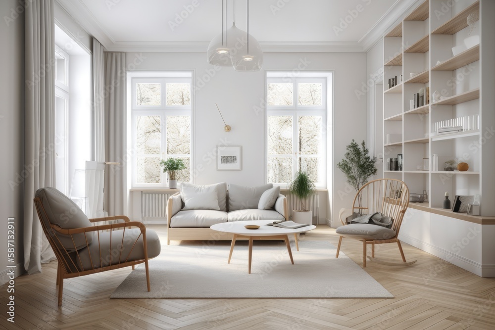 Interior of a light living room with a coffee table, bookcases, armchair, curtain, and wooden parquet floor. Scandinavian simple design idea for unwinding and comfort. Generative AI