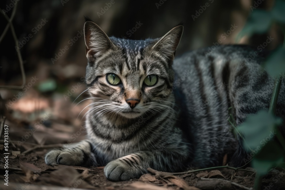 The dark grey tabby cat is spread out on the ground. Generative AI
