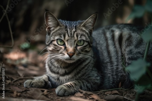 The dark grey tabby cat is spread out on the ground. Generative AI